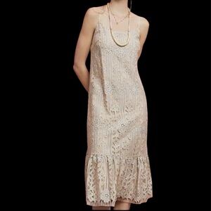 Anthropologie Eri and Ali Twilight Lace Dress Nude Ivory Tiered Lace Coquette M